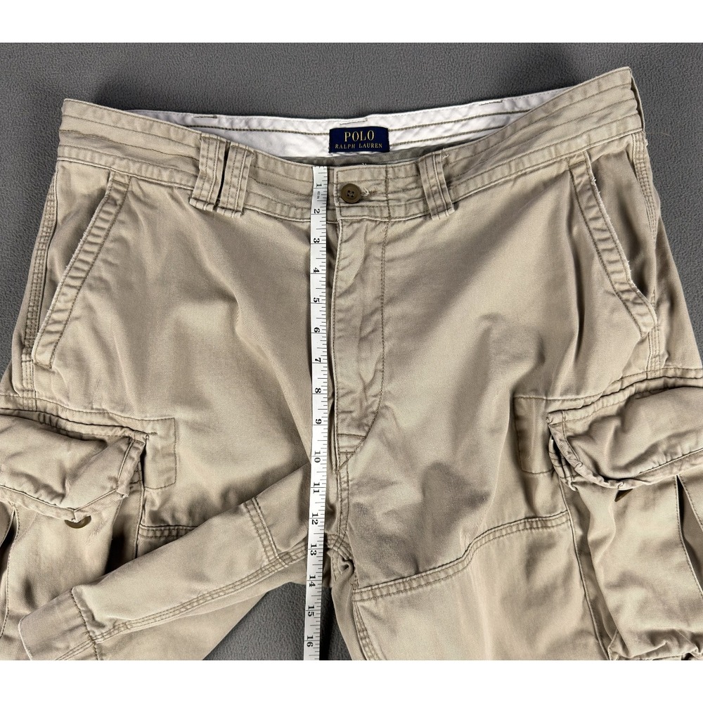 Polo Ralph Lauren Cargo Shorts Mens 38 Beige Khaki Baggy Distressed Logo Y2K - Picture 8 of 11